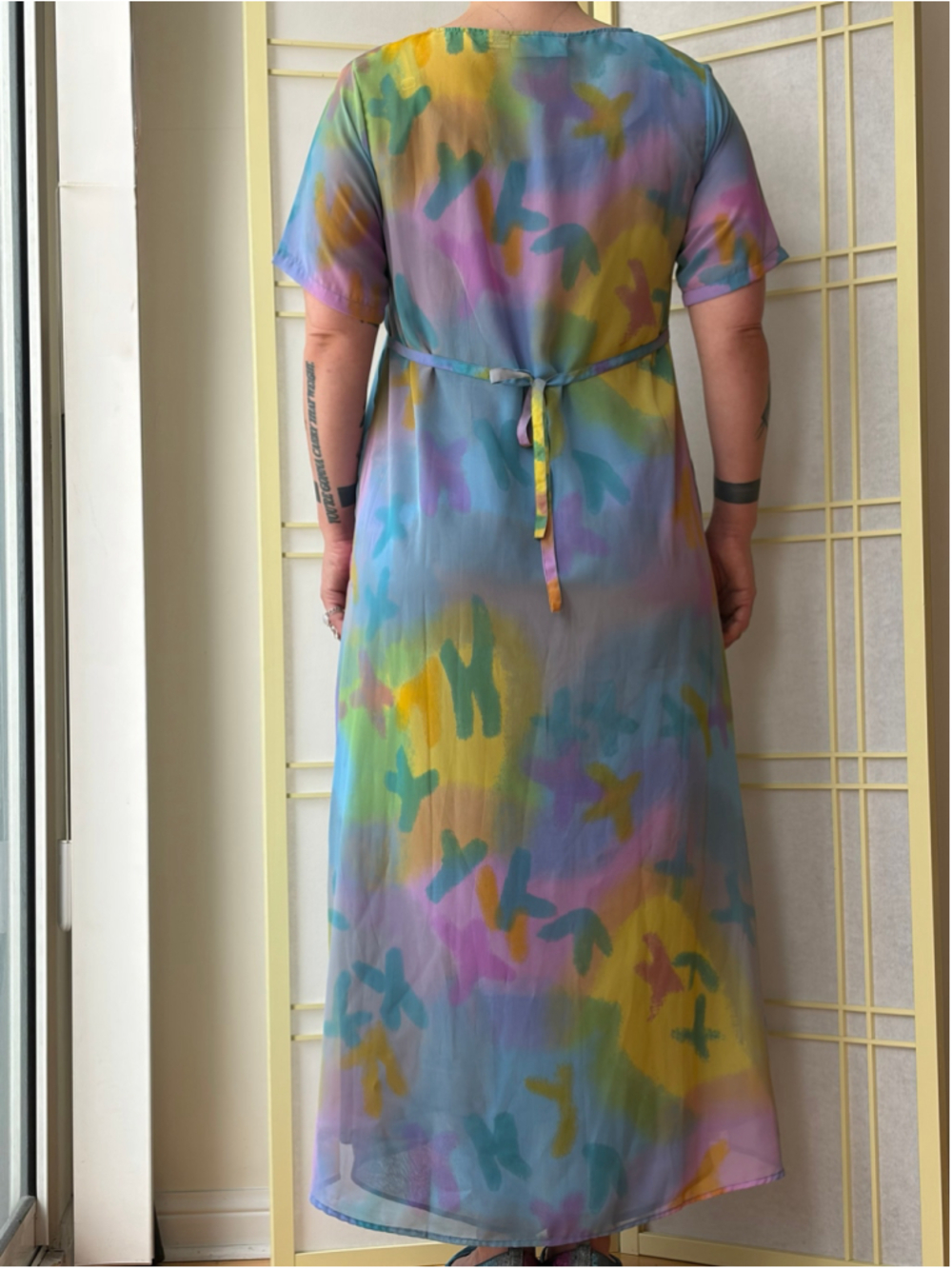 Vintage Pastel Maxi Sheer Sheath Tie Back Dress - Picture 3 of 6
